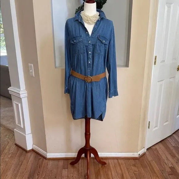 GAP Blue Long Sleeve Vintage Denim Pearl Snaps Dress with pockets - Picture 2 of 15
